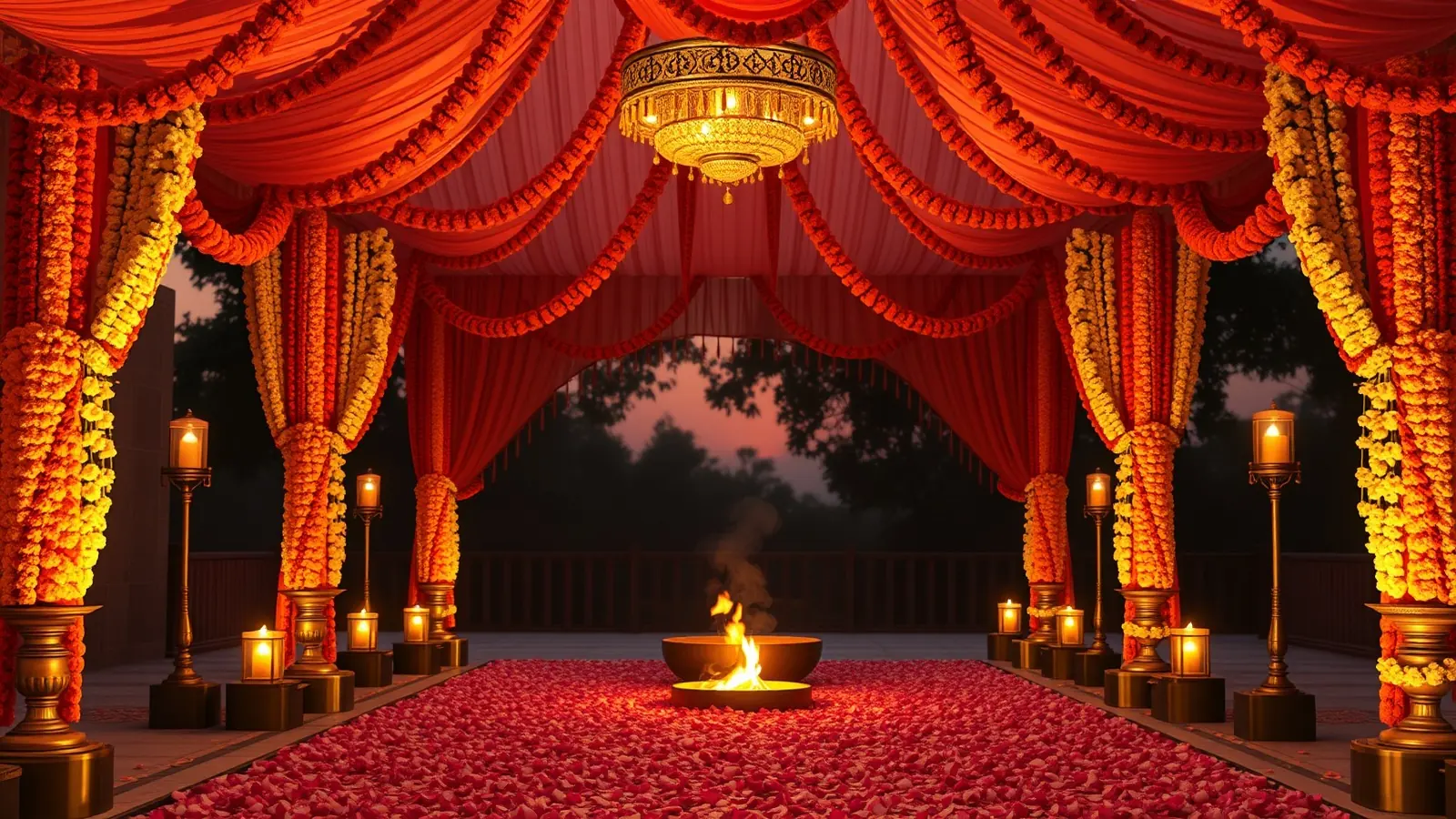 An Indian wedding mandap decorated with marigold and jasmine garlands at golden hour