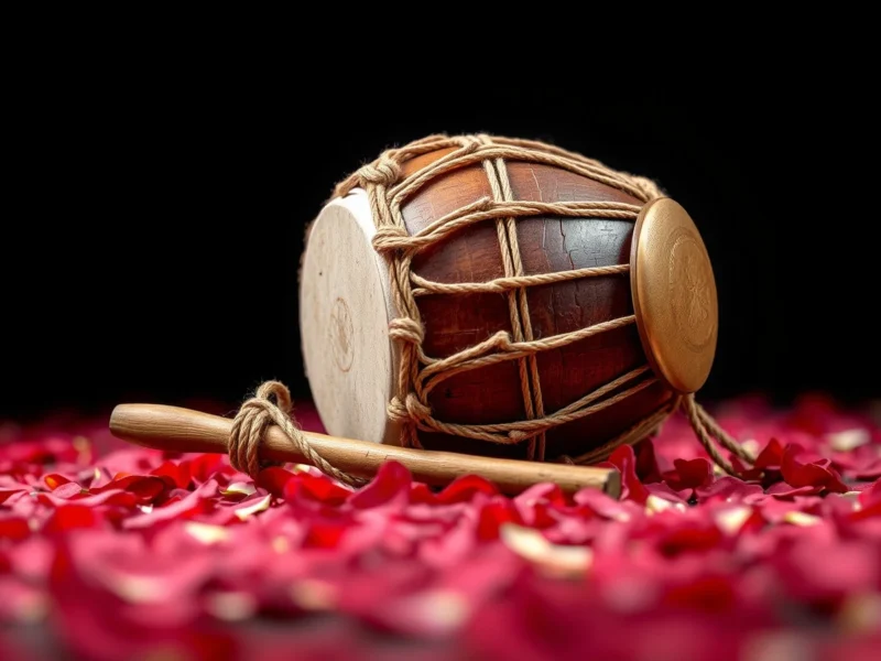 A dhol drum and stick on rose petals, for the wedding entry songs guide