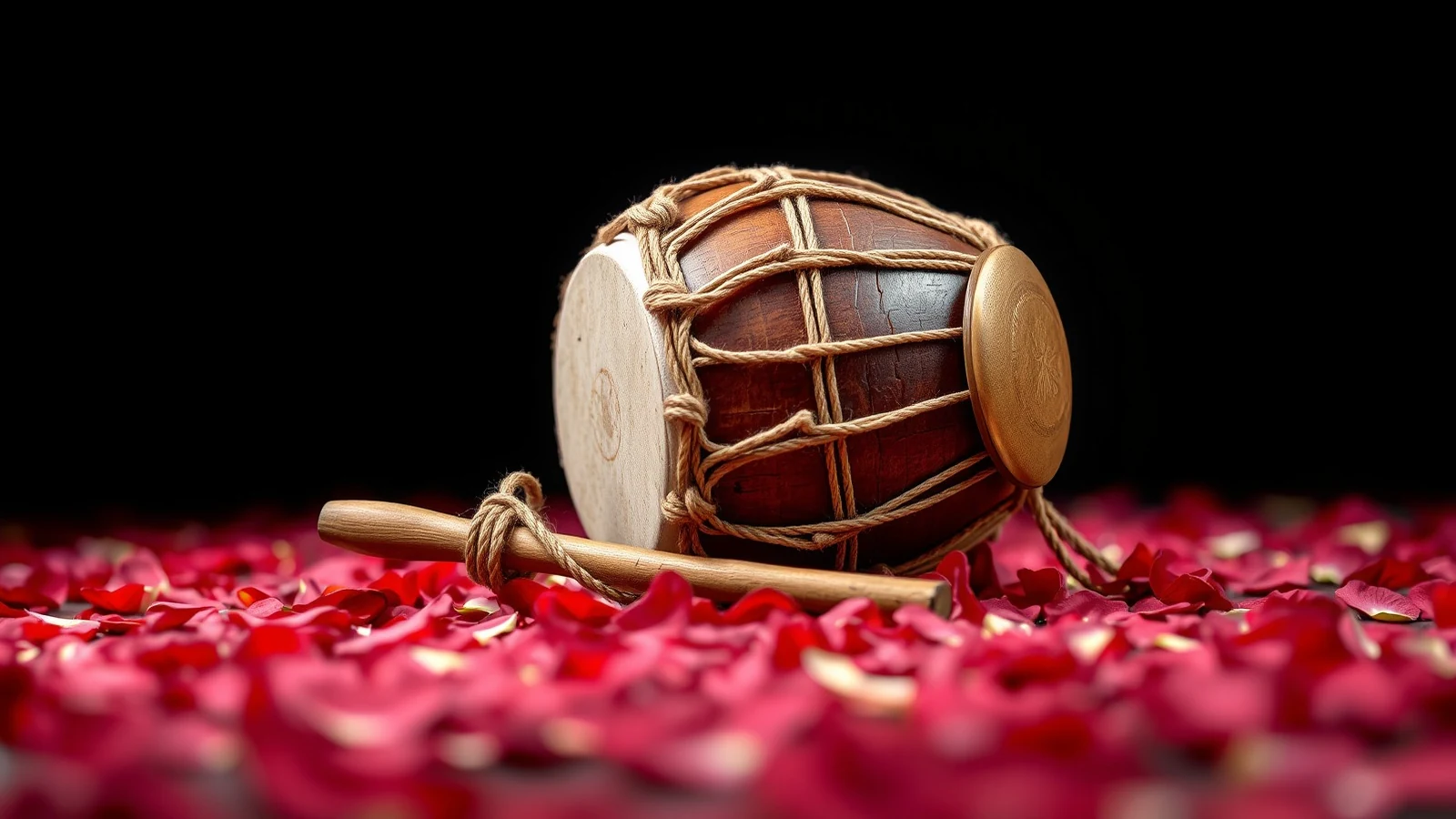 A dhol drum and stick on rose petals, for the wedding entry songs guide