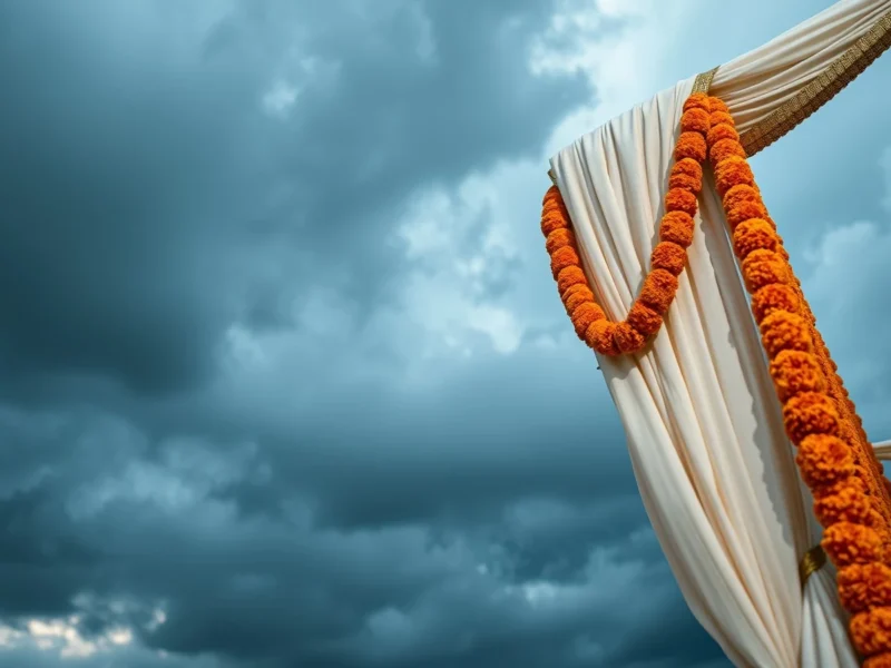 A marigold-draped wedding mandap under storm clouds, for the wedding insurance guide