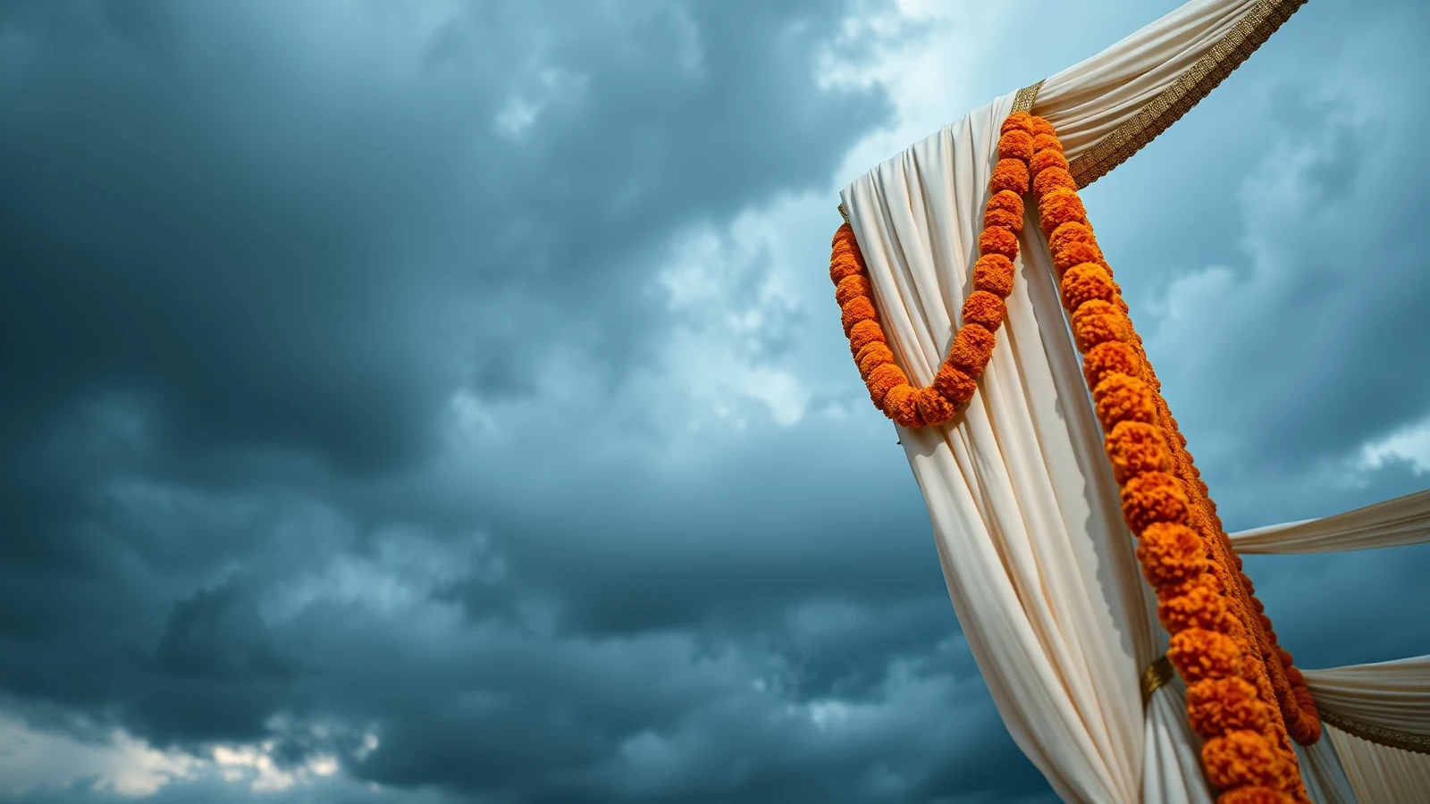 A marigold-draped wedding mandap under storm clouds, for the wedding insurance guide