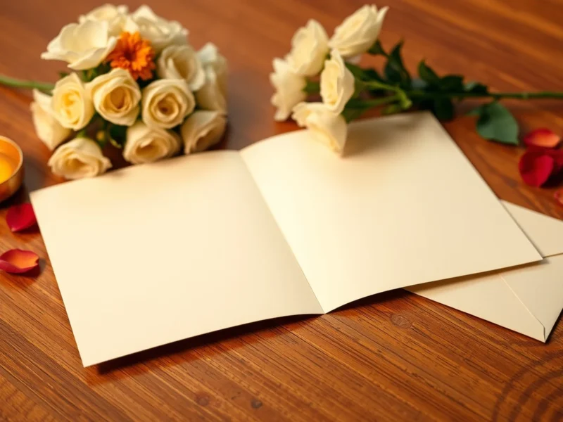 An open handmade wedding card beside white roses, marigolds and a glowing brass diya