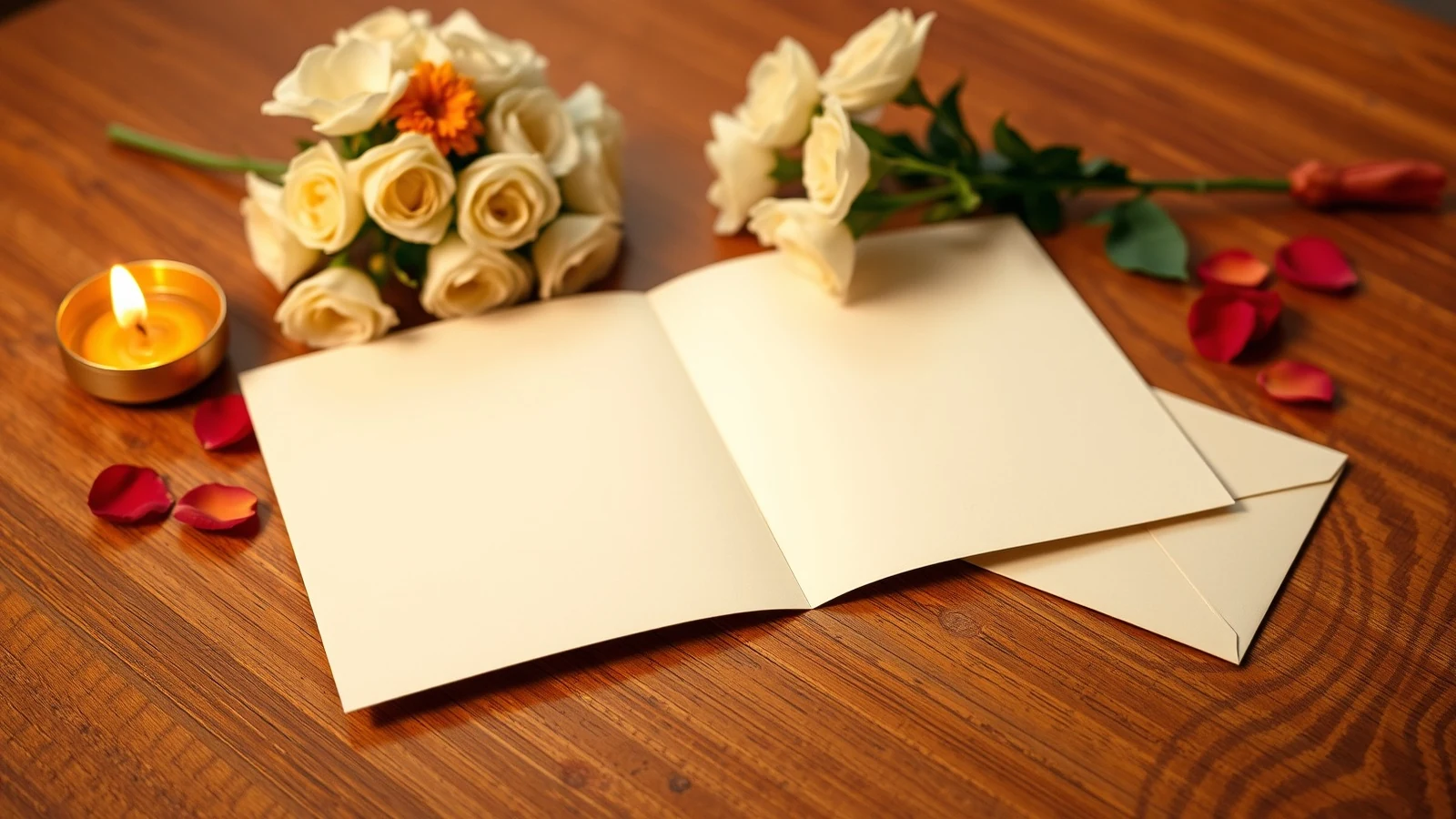 An open handmade wedding card beside white roses, marigolds and a glowing brass diya