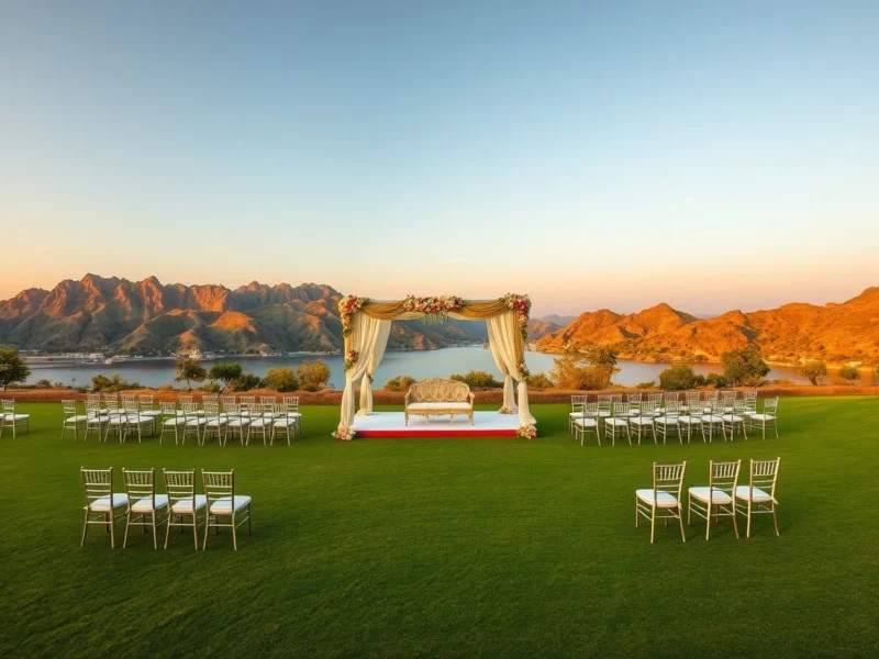 A resort lawn in the Aravalli hills set for a wedding with a floral mandap and a lake beyond