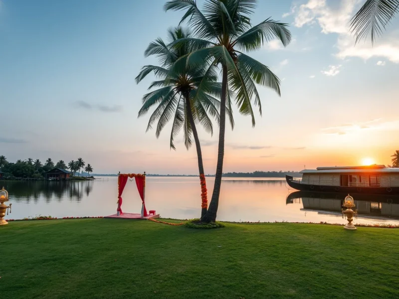 A lakeside lawn at sunset on the Kerala backwaters with brass lamps and a houseboat