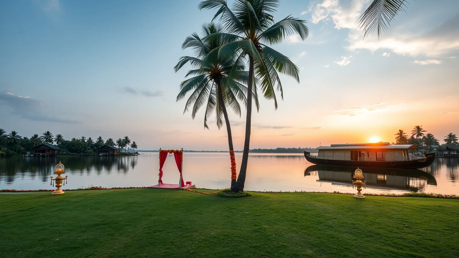 A lakeside lawn at sunset on the Kerala backwaters with brass lamps and a houseboat